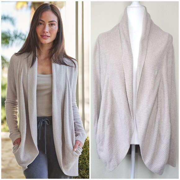 Barefoot Dreams CozyChic Lite Circle Cardi Taupe/Pink Womens Size XS/ Small - Picture 1 of 13